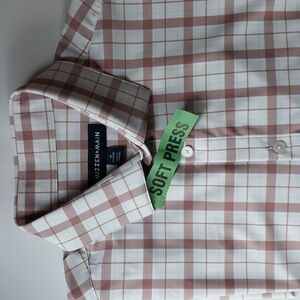 MIZZEN & MAIN Shirt Button Down White Rust Plaid  Wrinkle Free Slim Fit